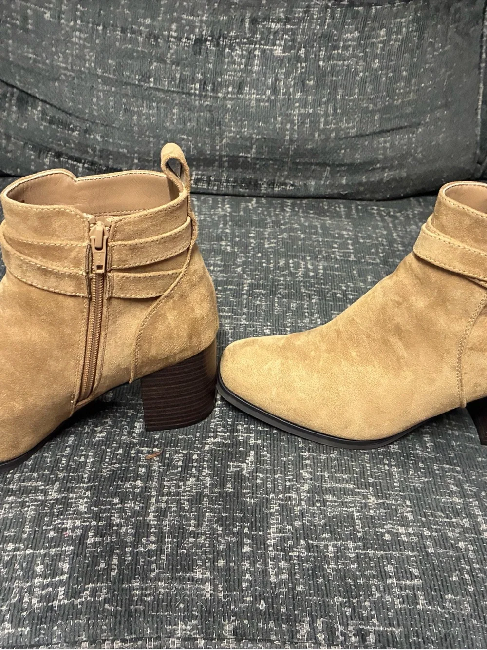 Kohl's Camel Suede Ankle Booties with Wrap Strap Detail